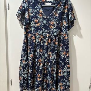 Elings Navy Floral V-Neck Mini Dress L